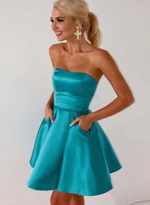 Strapless Satin Short Blue Prom Dress with Pockets